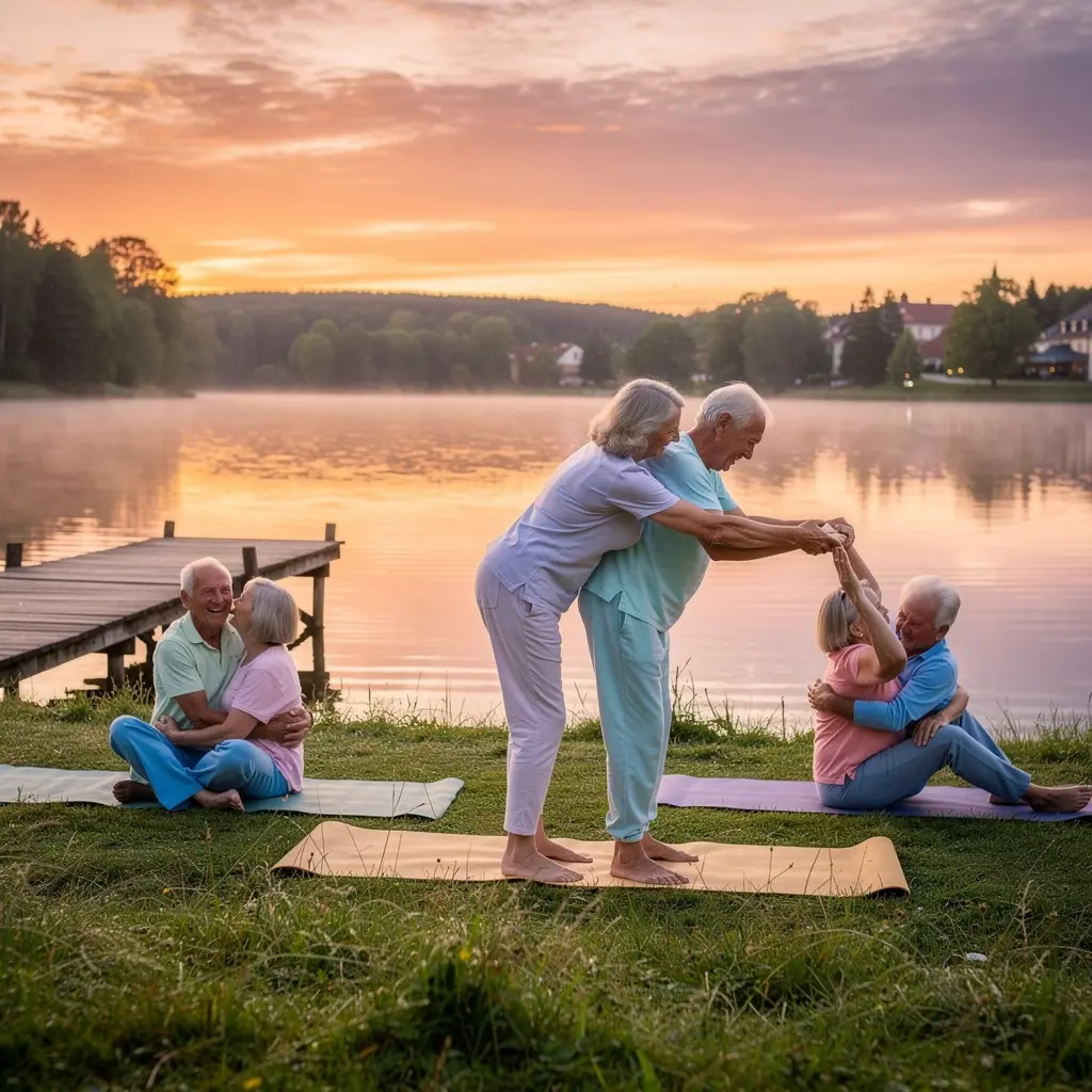 Grupa vecāka gadagājuma cilvēku piedalās relaksācijas praksē pie ezera.