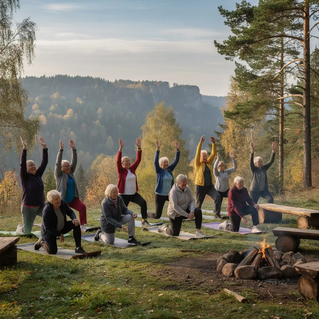 Pensionāri veic locītavu stiepšanās vingrojumus, sēžot uz jogas paklājiem.